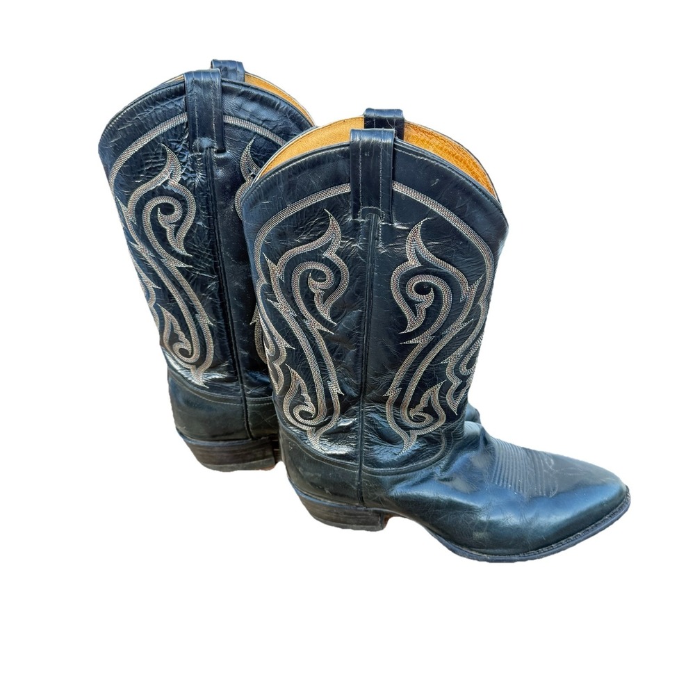 Tony Lama Black Flame Stitch Western Cowboy Boots Size 11 EE Leather 6353 USA